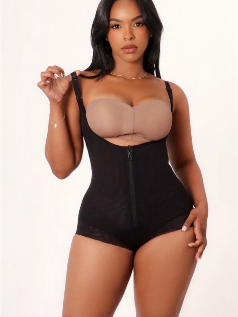 Women's Black Zip-Front Shapewear Bodysuit w/Adjustable Straps U-TMYBDST2